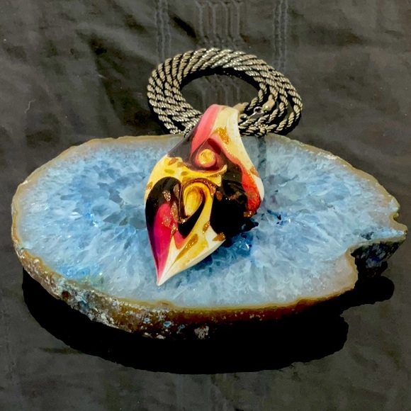 Vtg(1970)Silver&Black Necklace With Murano Glass Heart Shaped Pendant - Picture 5 of 6